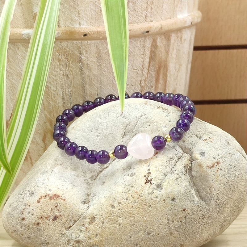 Halbedelstein Armband öffne dein Herz, zartes Amethyst Armband mit einem Rosenquarz herz