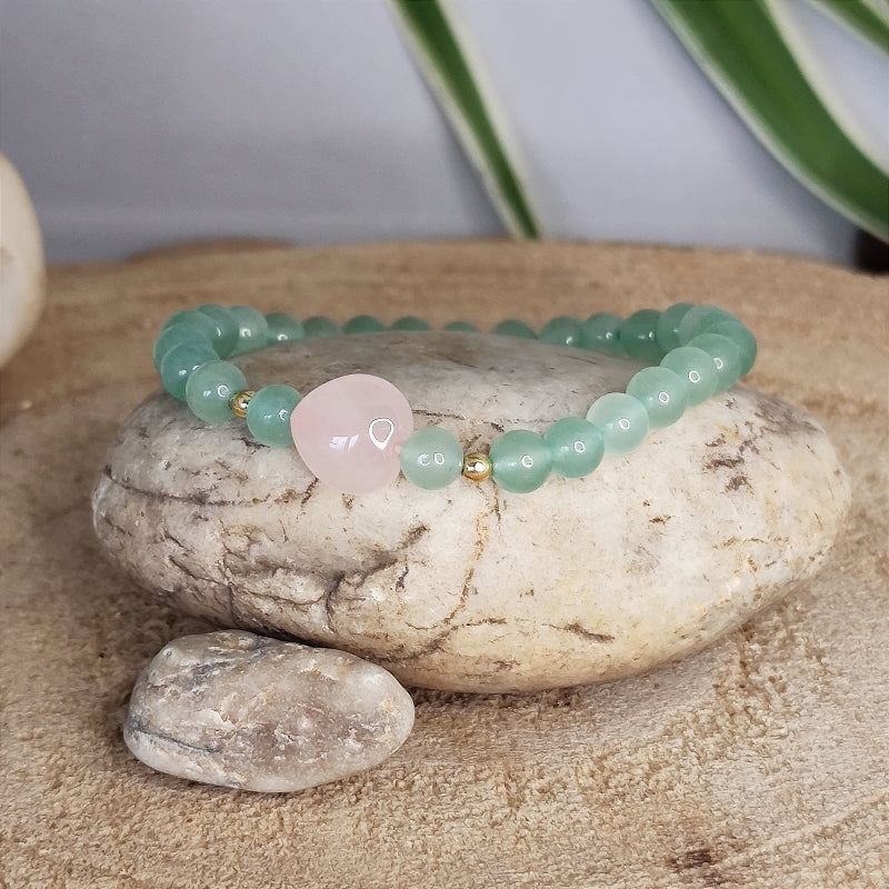 Halbedelstein Armband öffne dein Herz, zartes Aventurin Armband mit einem Rosenquarz herz