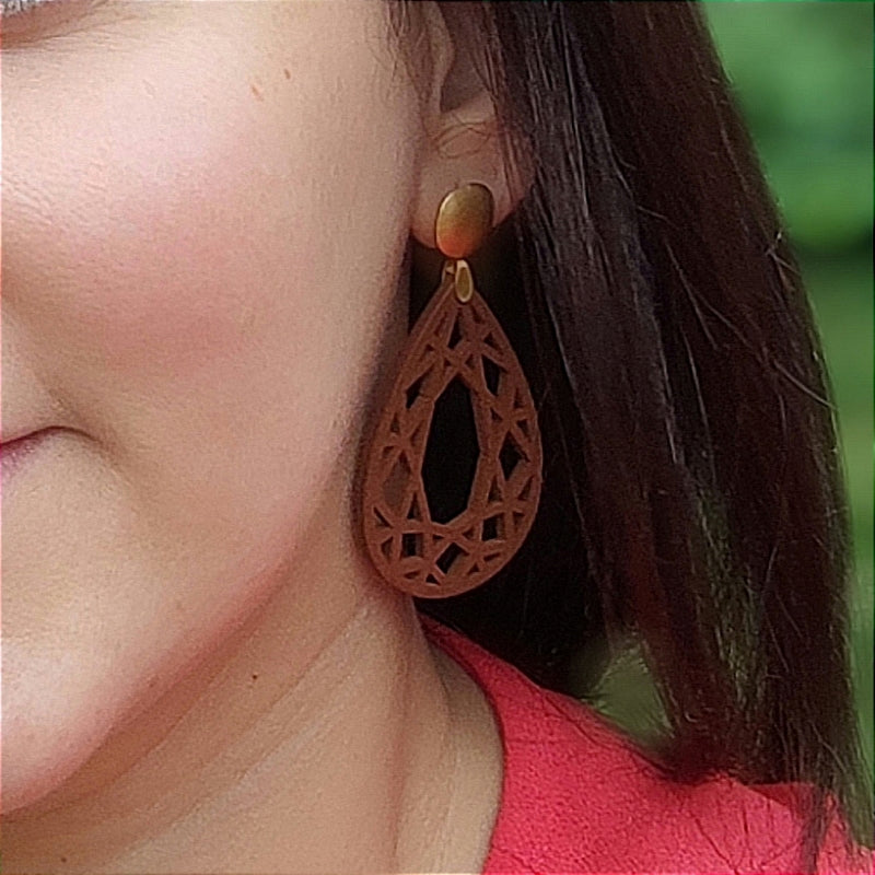 Trageansicht Ohrring Caro braun mit Gold Stecker, schmiegt sich schön dem Gesicht an, LeFah design