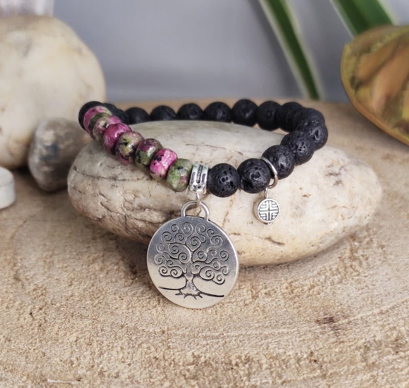 Halbedelstein Armband Rubin Zoesit mit Lebensbaum
