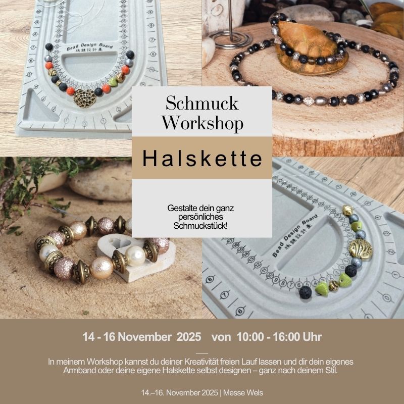 Schmuck-Workshop auf der Kreativmesse Wels – Teilnehmerin gestaltet ein Armband mit über 1.000 Perlen aus Holz, Glas und Halbedelsteinen. DIY-Kurs für Armbänder und Halsketten, ideal als Geschenkidee.